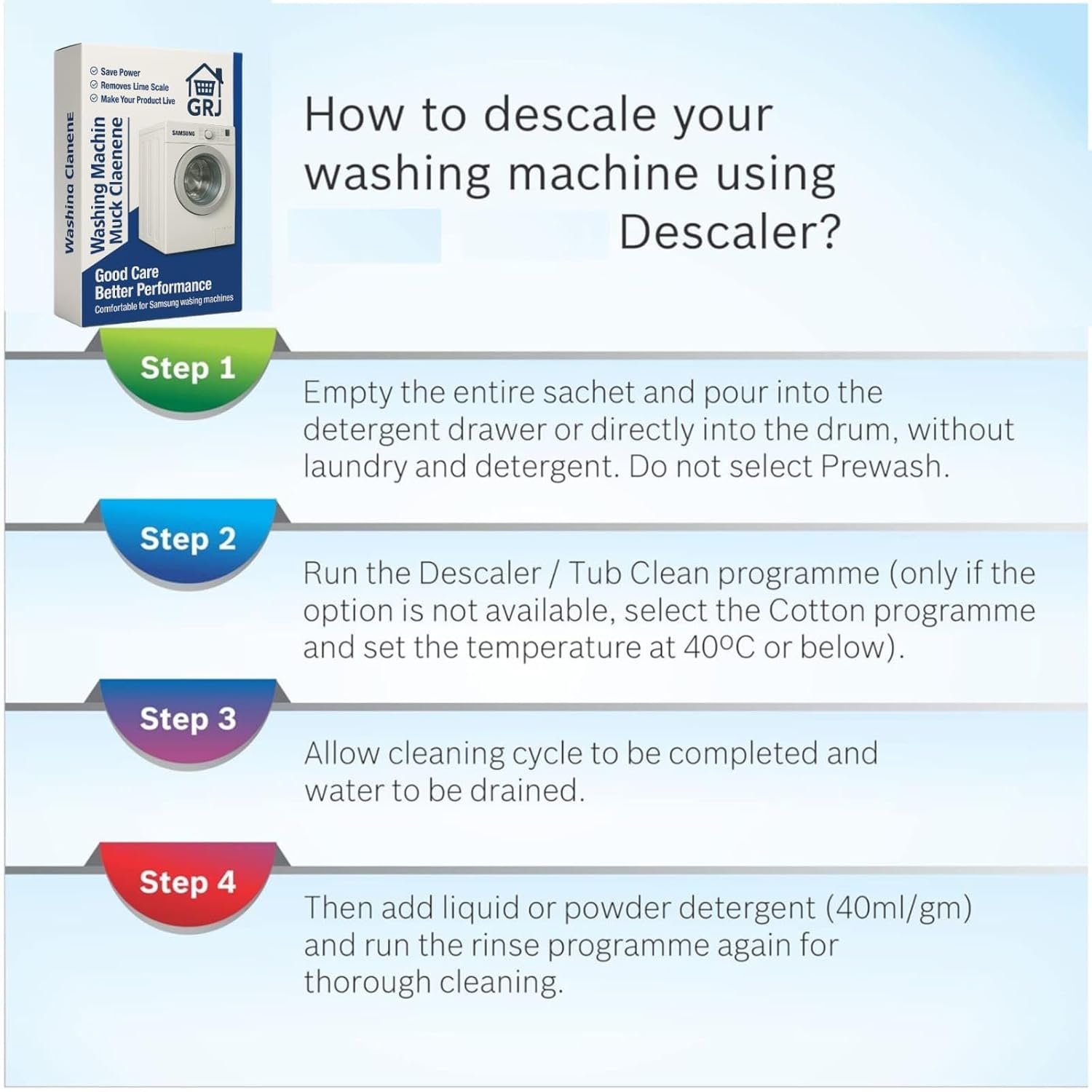 GRJ Samsung Washing Machine Descaling Powder – Compatible with Samsung Front & Top Load Machines | Removes Limescale & Odour | Pack x 1 = 100g