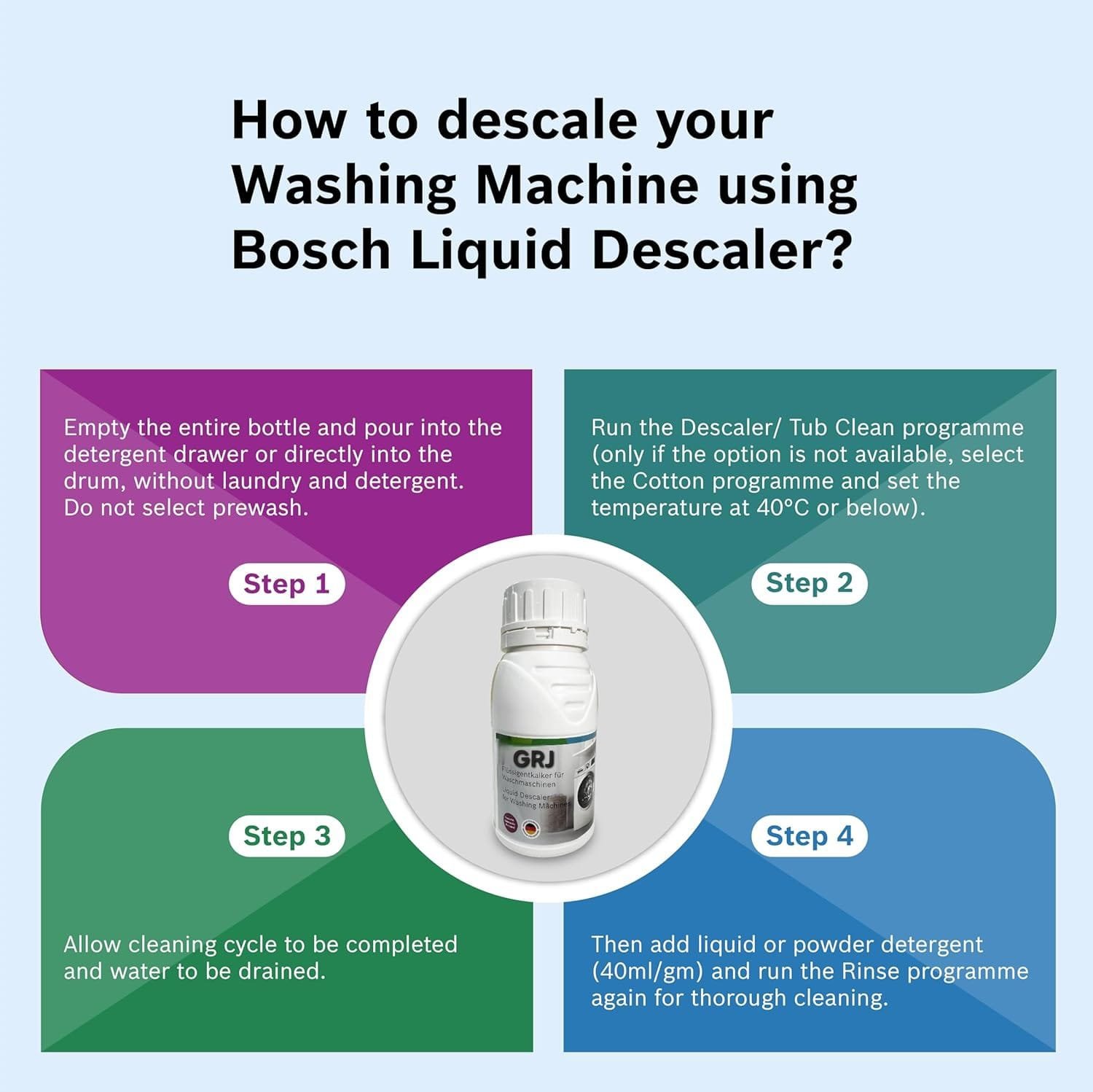 GRJ Bosch Washing Machine Liquid Descaler (Bottle)  – Compatible with Bosch Front & Top Load Machines | Removes Limescale & Odour | 200ml